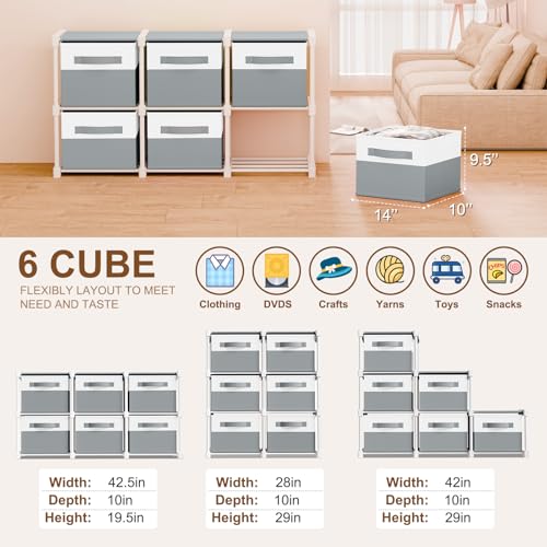 Thyle Large Cube Storage Organizer Shelf with 6 Bins 14 Inch Fabric Collapsible Cubby Storage Drawers Shelving Unit for Christmas Ornaments Clothes Toys Craft(Gray-white,Minimalist) - color: Gray-White, style: Minimalist