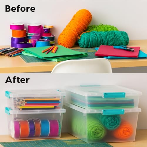 IRIS USA 6 Qt. Craft Storage Bins with Lids, 4-Pack, |Made in USA|, Clip Box, Small Plastic Sensory Bin Tote Organizer Containers for Art Supplies, Paper, & Office, Stackable - Clear/Seafoam Blue - size: 6 Qt. - 4 Pack