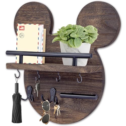 AIRPOP Key Holder for Wall–Mouse Wooden Mail Organizer Wall Mount with Shelf and 6 Hooks, Easy Installation Key Rack Hanger for Entryway Living Room Home Decor (Brown) - color: Brown