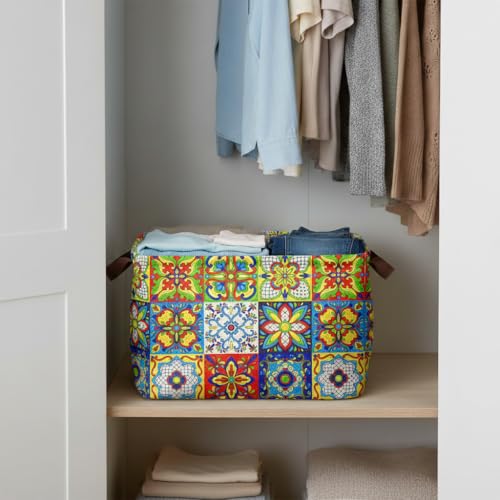 Mexican Talavera Decoration Storage Basket Waterproof Canvas Toy Storage Bin Collapsible Outdoor Basket with Leather Handles Mexican Talavera Decor Blanket Baskets For Closets,Bedrooms,Gifts Baskets - color: Mexican Talavera Decoration