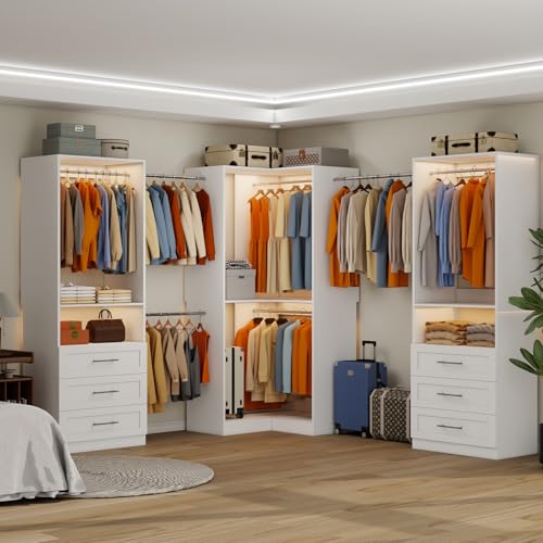 Closet System with 6 Wooden Drawers, 6.5-16FT Corner Closet Organizer System for Walk in Closet, Heavy Duty Modular Closet Systems, Built-in Shelving System with 7 Hanging Rods, 3-Piece Set - color: SL070909