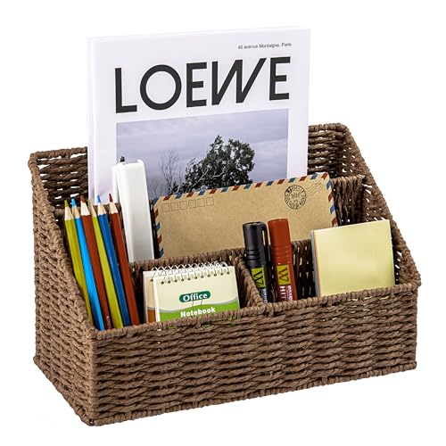 DINGTAI Woven Mail Organizer, Mail Organizer Countertop, Natural Tabletop Mail Holder, Rattan Desk Organizer, Boho Office Desk Accessories, Mail Basket for Bill Mail Papers Letters(Brown) - color: Brown