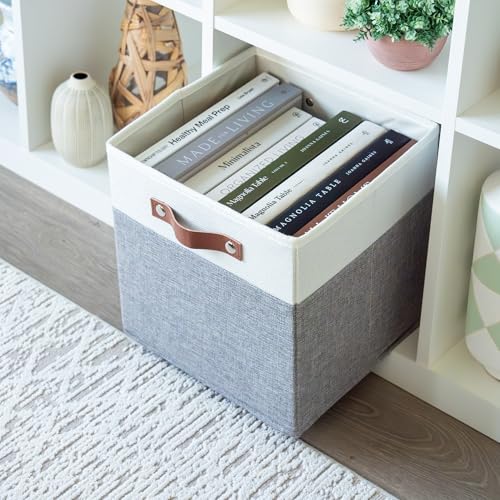 OrganiHaus 11" x 11" x 11" Fabric Cube Storage Bins Set of 4, Foldable Collapsible Canvas Storage Bins for Organizer, 11 inch Cubbies Organizer for Kallax, Linen Cube Shelf Baskets - Grey/White - color: Gray Base / Off-White, size: (11x11) Leather Handles