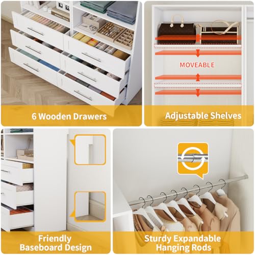 Closet System with 12 Drawers, 96" Wood Closet Organizer System, Walk-in Closet or Small Closet System with Shelves, Modular Closet Systems with 6 Expandable Hanging Rods, 4 Sets, White (8FT) - size: 8FT