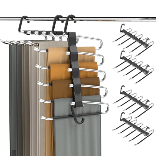 Pants Hangers Space Saving - 4 PCS Closet Organizer and Storage Jean Hangers, Stainless Steel Anti-Slip Clothes Hanger Scarf Holder Pants for Jeans Leggings Trousers Rack for Back to School, Black - size: 4