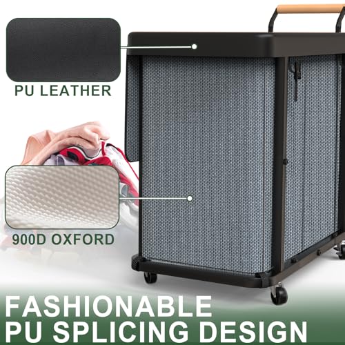 230L (60 Gal) Extra Large Fashion Laundry Sorter 3 Section with Lid, Rolling Laundry Basket Hamper with Handle, Laundry Organizer Storage Cart with Sturdy Metal Frame for Laundry Room, Hotel, Grey - color: Gray-3 Setion, size: 230L