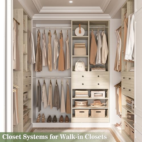 Besiost Closet System, 4.2–8.8 FT Closet Organizer with 2 Wooden Drawers and Shelves, Walk-in Closet System with 5 Hang Rods, Built-in Reach in Closet Tower, Can Fit 60 to 96 inch, Greige Oak - color: Greige Oak