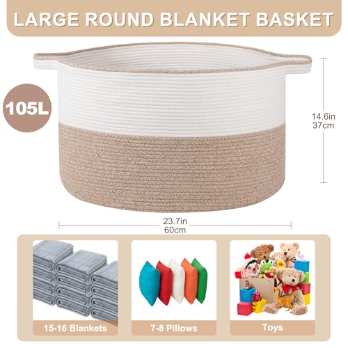 OIASKET XXL Large Blanket Basket with Handles, 105L Woven Storage Basket for Living Room, Cotton Rope Baby Toy Storage for Clothes, Pillows, Towels-Brown & White - color: Brown & White, size: 105L