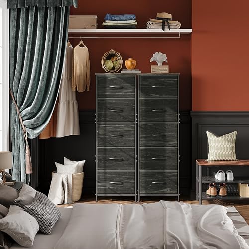 WLIVE Fabric Dresser, 5-Drawer Tall Dressers for Bedroom, Storage Dresser Organizer with Wood Top, Sturdy Steel Frame, Chest of Drawers for Closet, Hallway, Charcoal Black Wood Grain Print - color: Charcoal Black Wood Grain Print