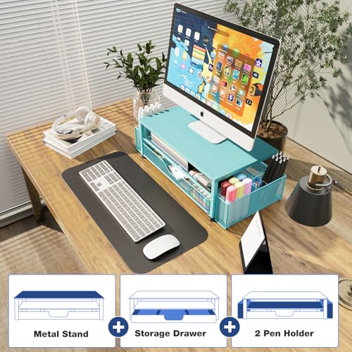 OPNICE Desk Organizers and Accessories, 2-Tier Computer Monitor Stand Riser with Drawer and 2 Pen Holders, Laptop Stand, Office Desk Accessories for Office Supplies, Teal Blue - color: Teal Blue
