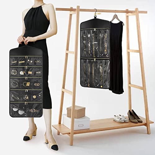 CHICECO Travel Jewelry Holder Organizer,Hanging Jewelry Organizer Storage With Zippered Pockets for Cloest,Wall,Door,Jewelry Holder for Earrings, Necklaces（Upgrade Black） - color: Upgrade Black
