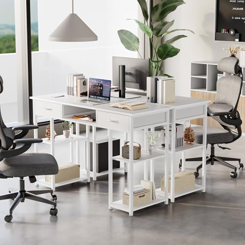 DUMOS 48" Small Computer Home Office Desk for Bedroom with Drawers, Gaming Writing Study Table with Storage Shelf, Adjustable Feet, Metal Frame White - color: White, size: 48-In
