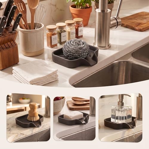 MicoYang Silicone Bathroom Soap Dishes with Drain Spout-Bathroom and Kitchen Sink Organizer,Sponge Holder,Dish Soap Tray,Perfect for Dispenser,Scrubber,Bottle,Cup on Sink or Counter-Coffee 4.9"×3.2" - color: Coffee, size: S(4.9"×3.2")