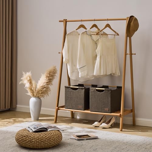 KAKAMAY Collapsible Cube Storage Bins 15x13x13 Inches Brown 2-Pack, Foldable Storage Organizer Wooden Handles Fabric Baskets for Living Room Shelves, Bedroom Nursery Closet Toys, Clothes, Laundry - color: Brown