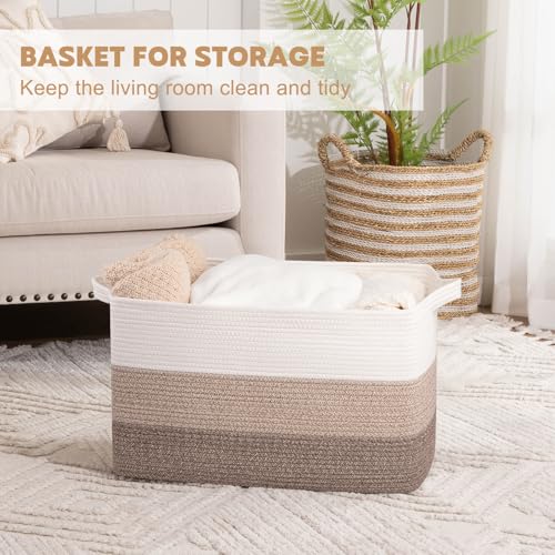 OIAHOMY Extra Large Blanket Basket, 95L Cotton Rope Woven Laundry Basket, Toy Bin for Baby Room, Container for Blanket Storage in Living Room, 24''×17''×14'', Gradient Brown - color: Gradient Brown, size: 95L