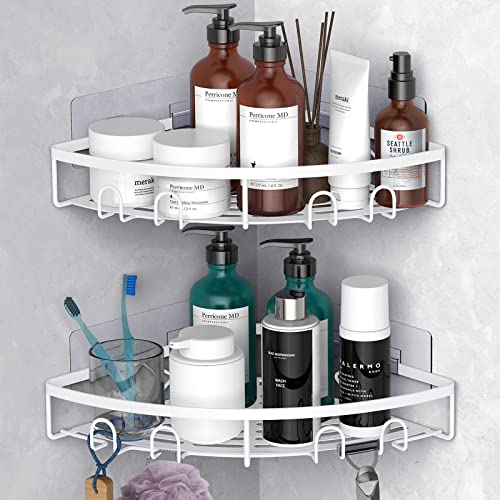 Corner Shower Caddy, 2 Pack Adhesive Bathroom Shower Corner Organizer Shelf, No Drilling Rustproof Wall Mounted Shower Storage Rack Shampoo Holder Organizer (White) - color: White