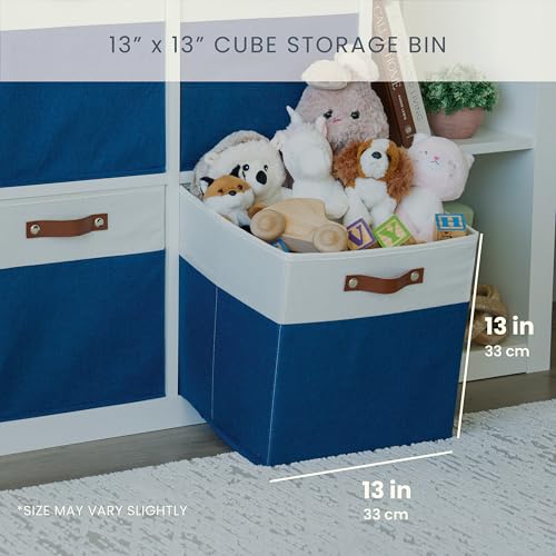 OrganiHaus 13" x 13" x 13" Cube Fabric Storage Bins Set of 4, Fabric Storage Cubes w/ Vegan Handles, 13 inch Collapsible Bins for Clothes & Toy Organizer, 13x13 Basket for Decor - Navy Blue - color: Navy Blue Base / Off-White, size: (13x13) Leather Handle