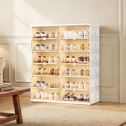 JEKO&JEKO 6 Tiers Foldable Shoe Rack Organizer Cabinet for Closet Entryway, Large Collapsible Shoe Storage Box with Magnetic Doors Fits Up to 24 Pairs (White) - color: Double-row, size: 6 Tiers (Standard Tiers Only)