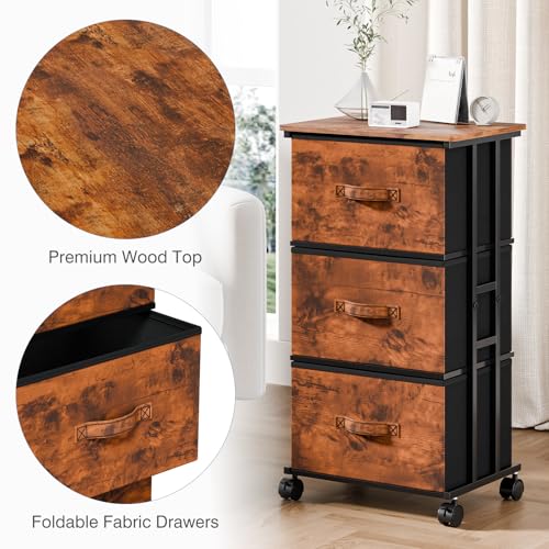 DUMOS 3 Drawers Dresser for Bedroom with Wheels, Fabric Storage Cabinet Organizer with Removable Fabric Bins, Sturdy Steel Frame for Living Room, Office, Entryway, Closets, Rust - color: Rust, size: 11.8"D x 16.7"W x 30.1"H (3 Drawers)