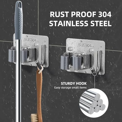 Broom Holder Wall Mount with Screws (4 Pack) Broom and Mop Organizer Wall Hanging, Anti-Slip Mop Holder Broom Hanger with Hooks, Stainless Steel Tool Rack for Garden Garage Organization - color: Black