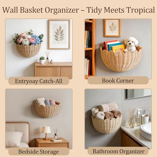 Scalloped Rattan Wall Basket - Handmade Wicker Hanging Decor，Toys Towels & Plants Versatile Storage Basket Bathroom Living Room & Entryway Natural Rattan Wall Decor