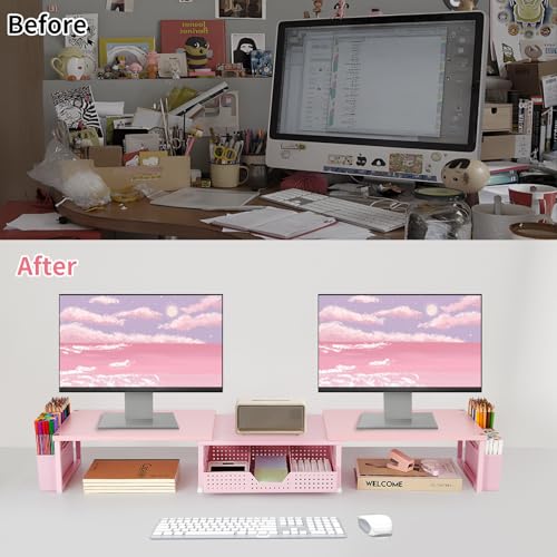 OPNICE Desk Organizers and Accessories, Dual Monitor Stand Riser with Drawer and 2 Pen Holders, Desk Shelf Wood Computer Racks for Office Workspace Organizers, Desktop Organization (Pink Wood) - color: Pink Wood, size: With drawer and pen holder