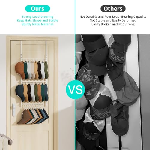 HapiRm Over Door Hat Rack - 3 Tier Wall Mounted Hat Organizer with 16 Hooks and 10 Movable Clips, Baseball Cap Organizer Storage Holds up to 26 Caps for Door, Bedroom, Closet USPTO Patent Pending - color: White, size: 3 Tier