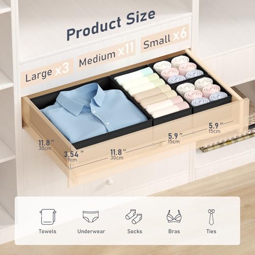 DIMJ Drawer Organizer Clothes - 20 Pack Closet Drawer Organizer Bins for Baby Clothes Storage, Fabric Dresser Organizer for Nursery Bedroom, Foldable Small Drawer Dividers for Underwear Socks - color: Black, size: 20 Pack