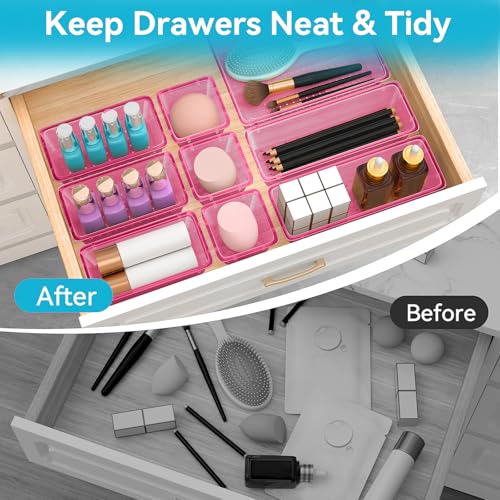 ElegantArray 12 PCS Drawer Organizer Set, 4 Sizes Tool Storage Trays, Clear Plastic Makeup Vanity Organizer and Storage Bins for Stationeries, Multiple Gadgets for Office, Bedroom, Pink - color: Pink, size: 12 PCS