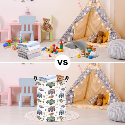 FANKANG Monster Truck Laundry Hamper Storage Basket, Nursery Hamper Canvas Laundry Basket Foldable with Waterproof PE Coating for Kids, Office, Bedroom, Clothes,Toys(Monster Truck) - color: Monster Truck
