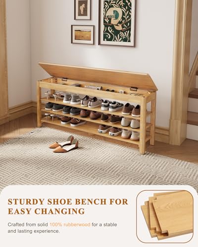 IUNVR Shoe Rack Bench Seat Rubberwood 3-Tier Wooden Storage Bench 550lbs Compact Mid-Century Modern Design for Entryway, Hallway, Closet, Front Door Entrance, Foyer - color: Natural-3 Tier(wood), size: 47.2"W x 11.8"D x 20.5"H
