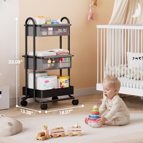 Modanais Baby Diaper Caddy Organizer Cart - 3 Tier Rolling Storage Cart with Wheels, Baby Essentials for Nursery Storage, Detachable Dividers - for Crib, Bedroom, Art & Craft Organizer (Black) - color: Black