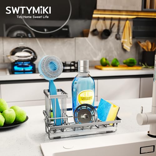 SWTYMIKI Kitchen Sink Caddy Sponge Holder, Kitchen Sink Organzier and Storage with High Brush Holder and Drip Tray for Dish Sponges, Silver - color: Silver, size: Medium