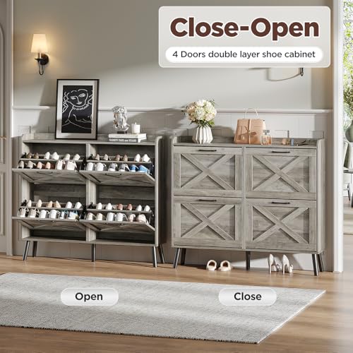 Maupvit Large Shoe Storage Cabinet with 4 Flip Drawers, Narrow Shoe Cabinet for Entryway with Wooden Legs, Freestanding Hidden Shoe Rack Organizer ＆ Metal Hinges, Washed Gray - color: Washed Gray, style: 4-Drawers