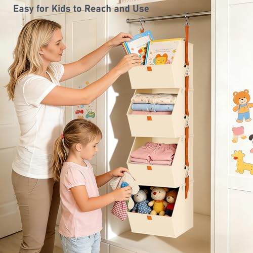 DIMJ Hanging Closet Organizer - 4 Tier Collapsible Hanging Shelves with Hooks Zipper, Fabric Clothes Organizer, Space-Saving Storage Bin Basket for RV, Bedroom, Laundry Organization - color: Beige, size: 8 Pack