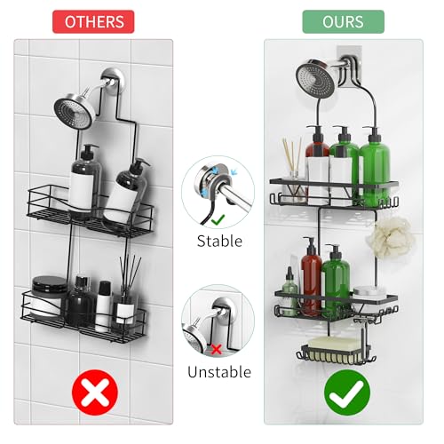 DAOYA Shower Caddy Hanging, Anti-Swing Over Head Shower Caddy, Rustproof Bathroom Organizer with Soap Holder & Hooks - color: Black, size: L