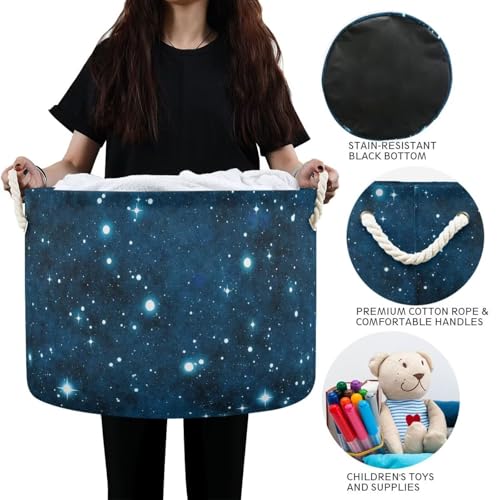 Galaxy Print Round Storage Basket Universe Starry Sky Large Laundry Hamper Space 20 x 20 x 14 Inches Organizer Bin with Cotton Rope Handles Clothes Storage Bag for Nursery Bedroom Living Room Decor - color: Navy Blue