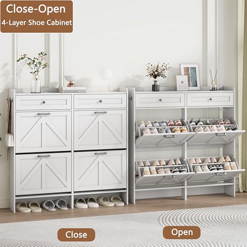 Shoe Cabinet with 4 Flip Drawers & 2 Top Drawers, 43" Tall Freestanding Shoe Storage Organizer for Entryway, Wooden Narrow Hidden Slim Shoe Rack for Front Door Entrance, Hallway, Living Room, White - color: White, size: 4 Flip Drawers