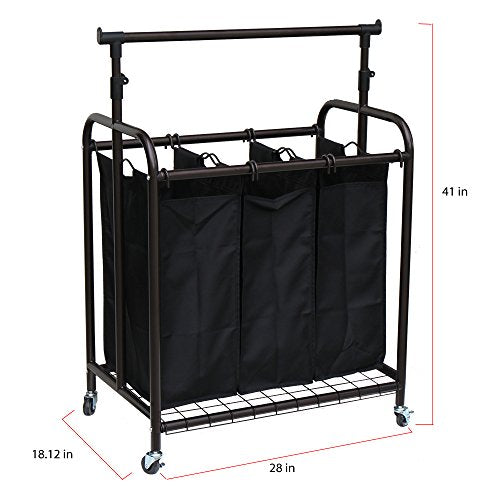 Oceanstar TLS1385 3-Bag Rolling Adjustable Hanging Bar Laundry Sorter, Bronze