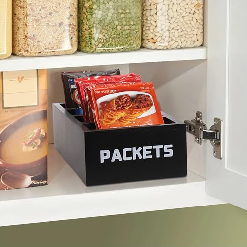 BSTKEY Seasoning Packet Organizer, Food Packet Storage Organizer with 4 Compartments, Black Wooden Storage Caddy for Kitchen Pantry Cabinet, Farmhouse Kitchen Organization Bin for Snacks Spice Packets - color: Black