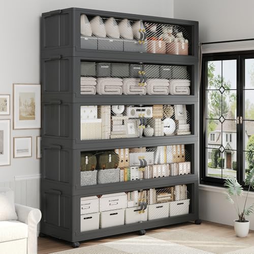 400GAL Plastic Storage Bins with Lid, 1600QT Extra Large Stackable Closet Organizers and Storage, Collapsible Storage Boxes with Wheels, Folding Cabinet for Home Kitchen Office, 5Pack Black - color: 80Gal-Black, style: 5Pack