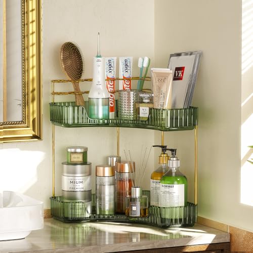 EUHOME 2-Tier Corner Bathroom Counter Organizer Makeup Cosmetic Storage, Tool-Free Installation Acrylic Vanity Shelf, Skin Care Organizer Perfume Tray for Countertop Bathroom, Dresser, Kitchen (Green) - color: Green, size: 9" x 9" x 11.8"