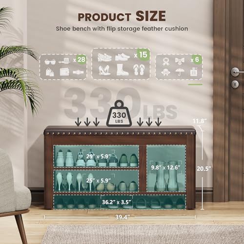 Shoe Bench for Entryway, Solid Rubberwood Shoe Bench with Hidden Storage, Adjustable 2-Tier Shelves & Soft PU Leather Seat, Shoe Rack Durable Easy Assembly for Hallway or Bedroom - Brown, 39.4" - color: Brown, size: 39.4"W x 11.82"D x 20.47"H