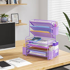 Simple Trending 7 Tier Desk File Organizer, Letter Tray Paper Organizer with Pen Holder and Metal Hanging Basket, Purple - color: 7 Tier Purple