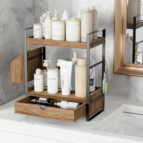 2-Tier Bathroom Counter Organizer with Drawer and Basket, Wood Countertop Organizer for Storage, Skincare Organizers for Vanity, Counter Shelf for Bathroom Organization(Dark Brown) - color: Dark Brown
