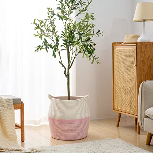 KAKAMAY Woven Baskets for Storage(17"x17"),Large Cotton Rope Woven Baby Laundry Hamper,Collapsible Laundry Basket, Blanket Basket for Organizing Living Room,Nursery,Pillows,Toy Chest(Pink) - color: Pink