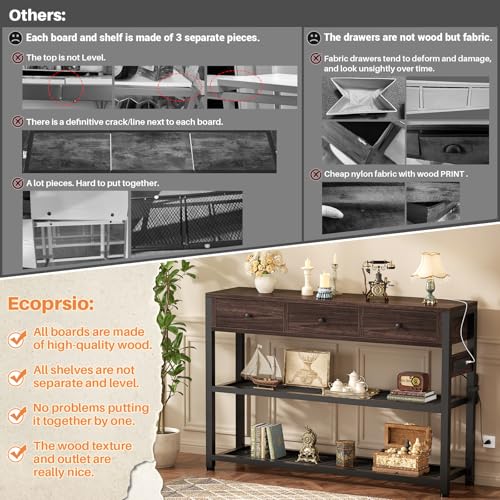 Ecoprsio 47'' Entryway Table with Outlets and USB Ports, Console Table with 3 Drawers, Sofa Table Narrow Long with Storage Shelves for Living Room, Couch, Hallway, Foyer, Black Walnut Finish - color: Black Walnut, size: 47-In