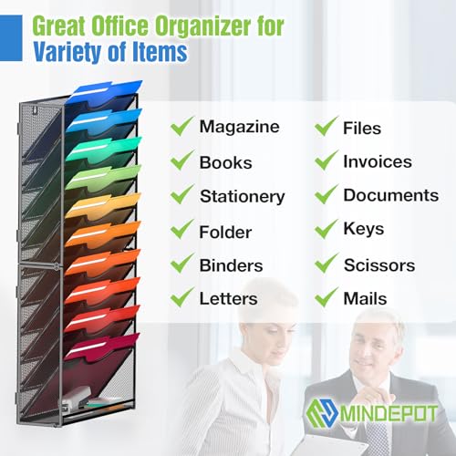 MINDEPOT 11 Tier Wall File Holder Hanging Wall Mount Paper File Organizer for Mails Folders Document Magazine Organization, for Office School Home, Black - size: 11Tier