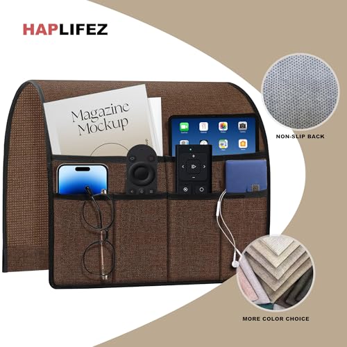 Remote Holder for Recliner Armchair & Couch, Non Slip Sofa Armrest Organizer Caddy with 6 Pockets Thick Linen Fabric Storage for Tablet, Phone, iPad, Magazine, 19x35 Inches, Brown - color: Brown
