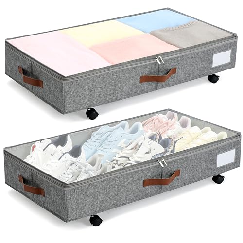 Under Bed Storage with Wheels Set of 2 Packs, Large Underbed Storage Containers with Clear Lid, Rolling Under Bed Shoe Organizer, Wheeled Under Bed Drawers for Blankets, Clothes, Shoe, Bedding Grey - color: Grey